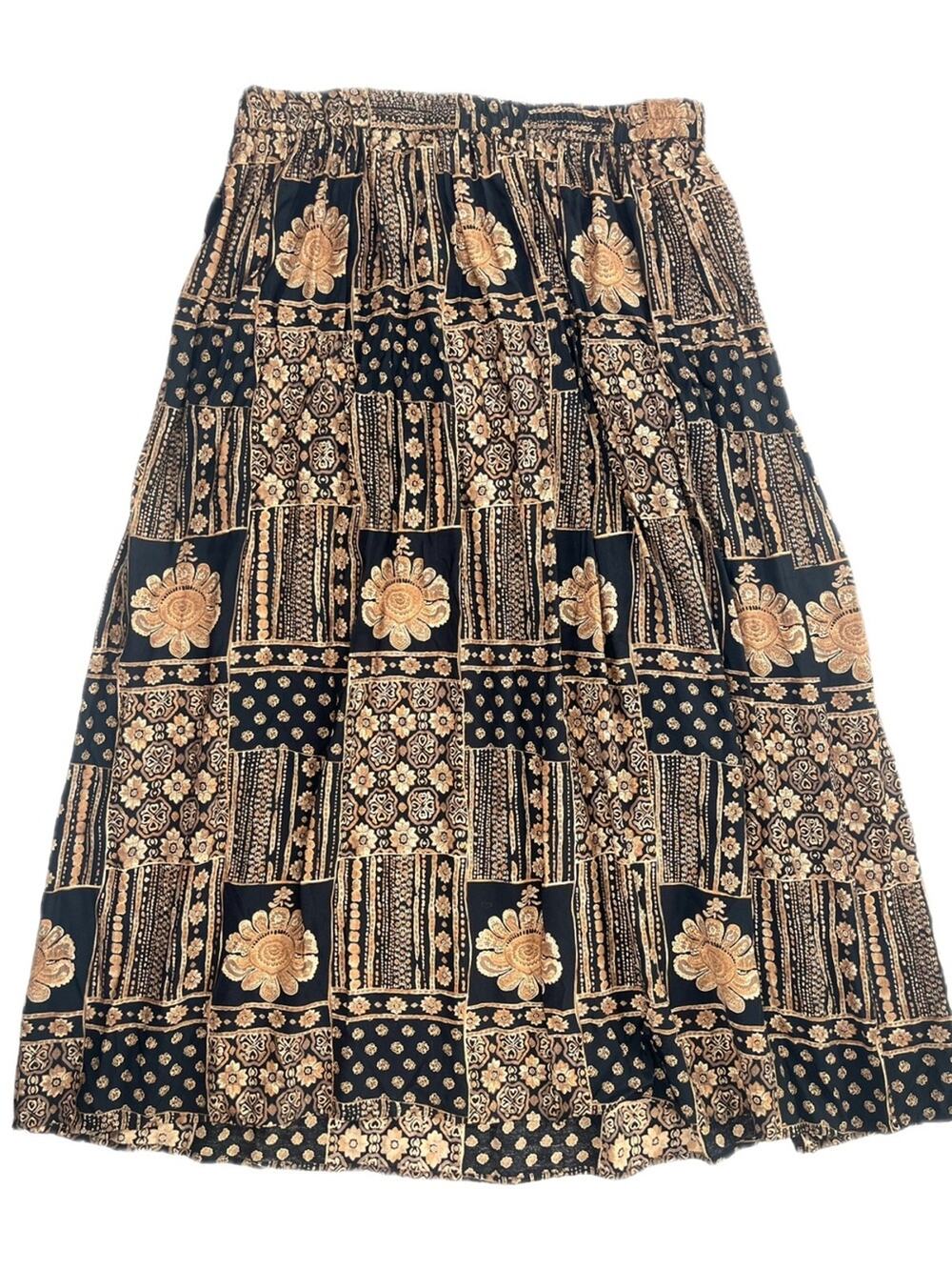 Vintage 90s Black & Gold Medallion Print Long Flowy Skirt Silky Size 16 Boho